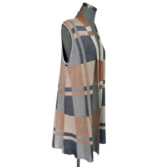 Women’s Cardigan 1775 Long Vest Plaid Open Front Cardigan Knit Sleeveless Jacket - Picture 6 of 9